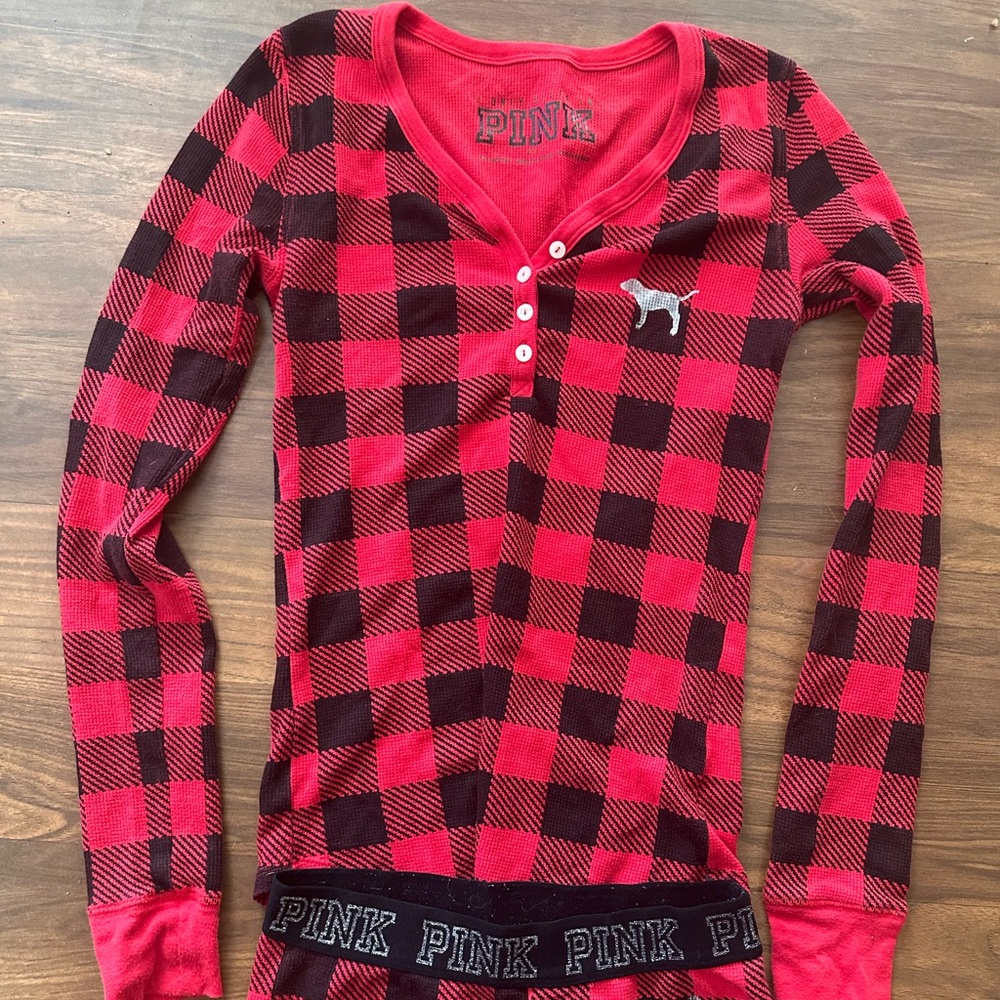 PINK Victoria's Secret Red & Black Buffalo Plaid One-Piece Pajama - Picture 2 of 3